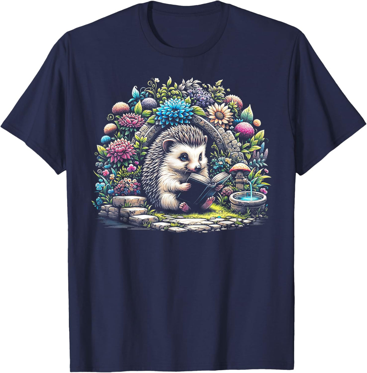 Hedgehog Reading Book - Lake Scenery Reading T-Shirt - Navy Blue