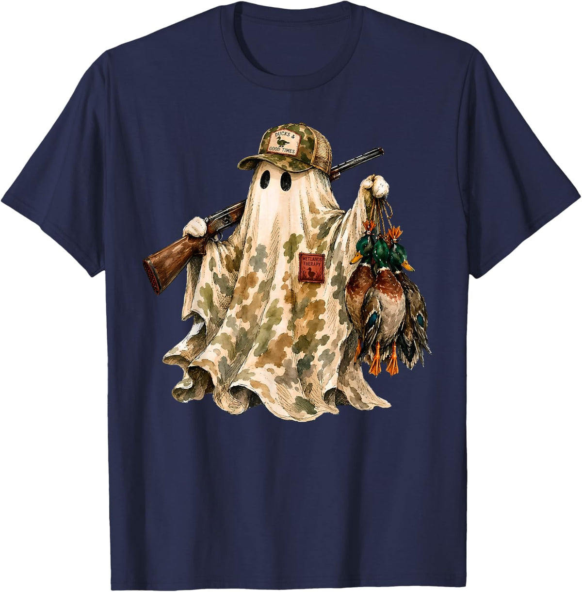 Wetlands Therapy Duck Hunting Ghost Funny Hunter Men T-Shirt - Navy Blue