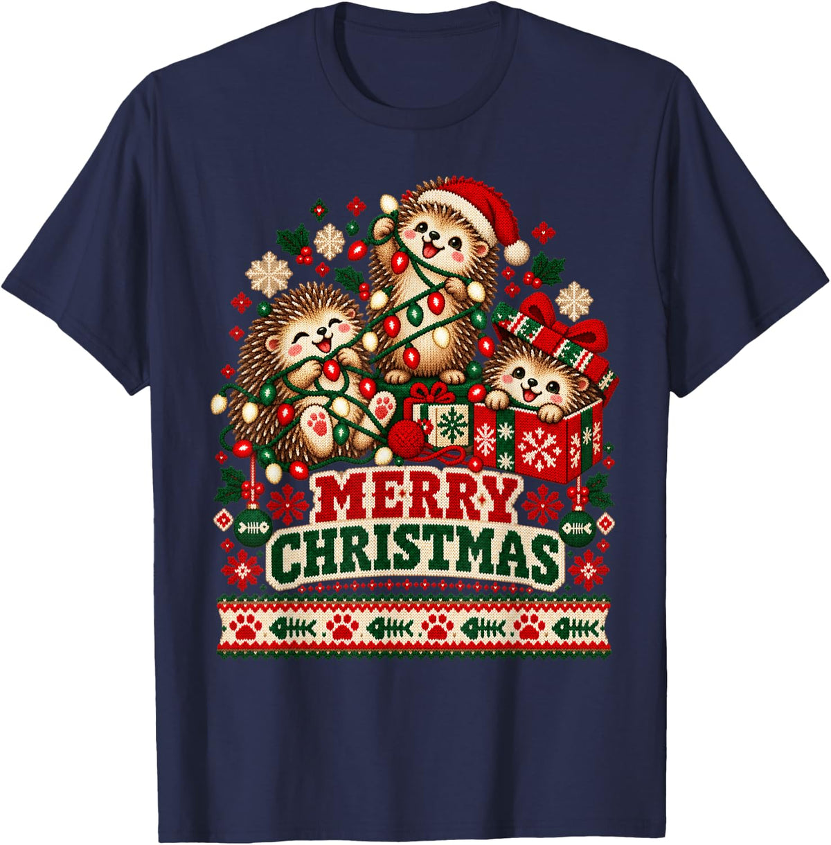 Merry Christmas Hedgehog Playful Holiday Lights Men Women T-Shirt - Navy Blue