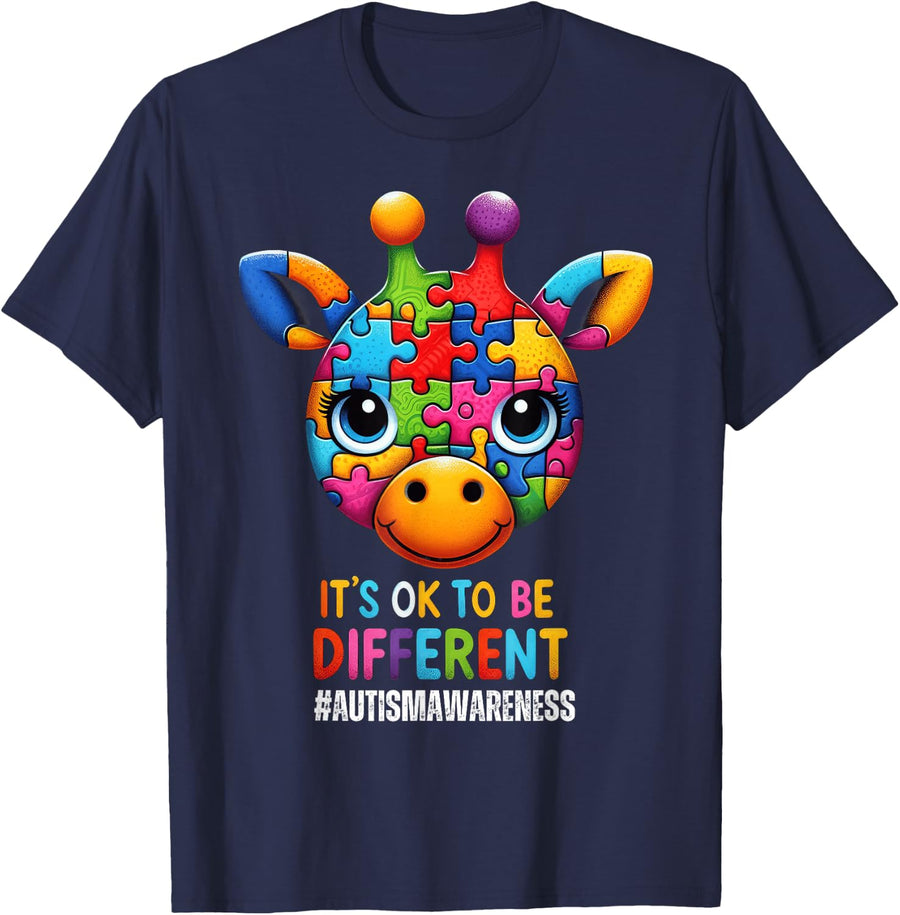 Autism awareness giraffe, it's OK to be different T-Shirt - Navy Blue