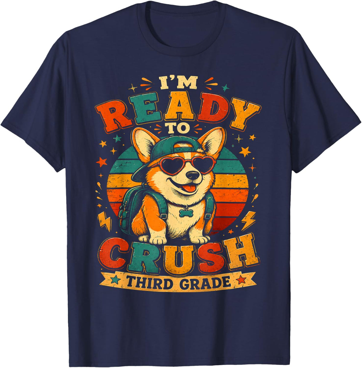Cute Retro Ready to Crush Third Grade Corgi Dog Day School T-Shirt - Navy Blue