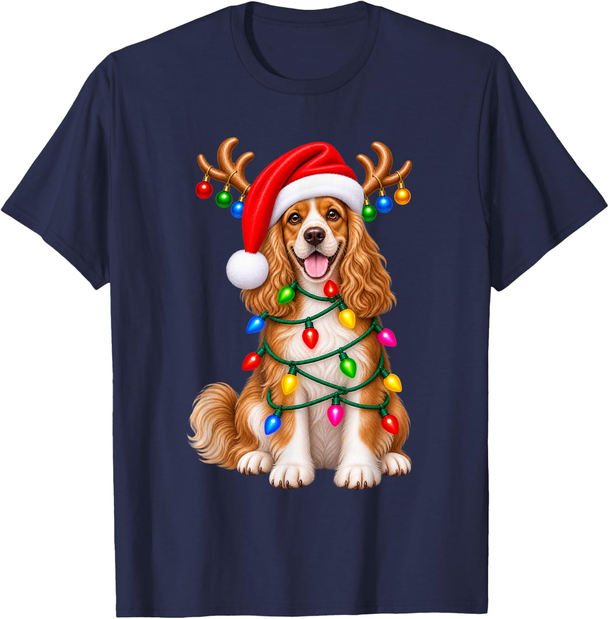 Cocker Spaniel Christmas Dog Reindeer Lights Pajama Xmas T-Shirt - Navy Blue