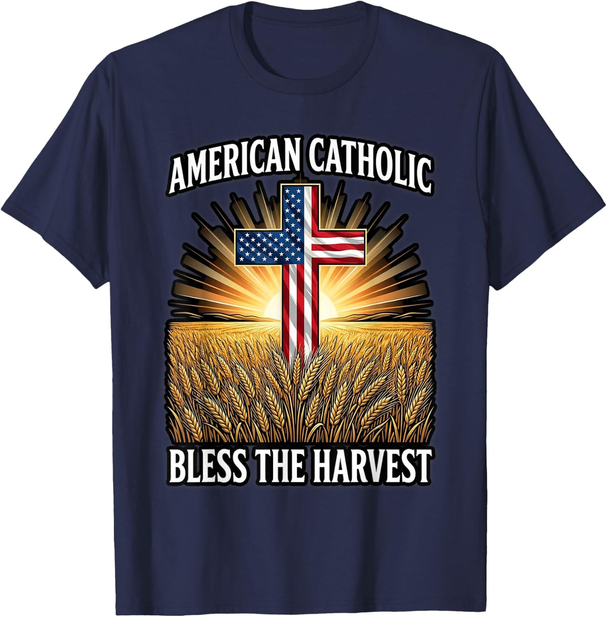 American Catholic Flag Cross Wheat Catholic T-Shirt - Navy Blue