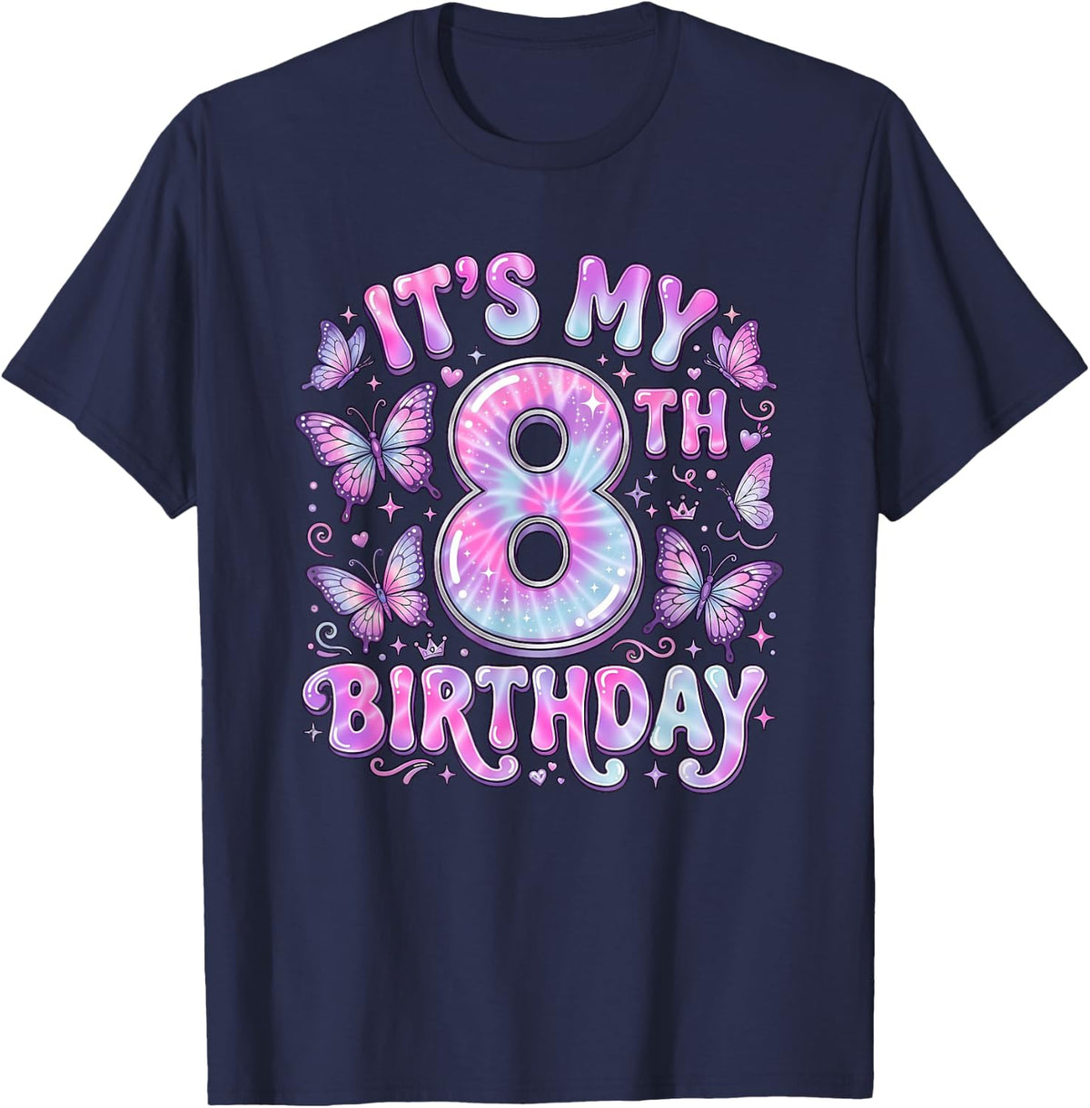 It's My 8th Birthday Butterfly Theme 8 Year Old Party Girl T-Shirt - Navy Blue