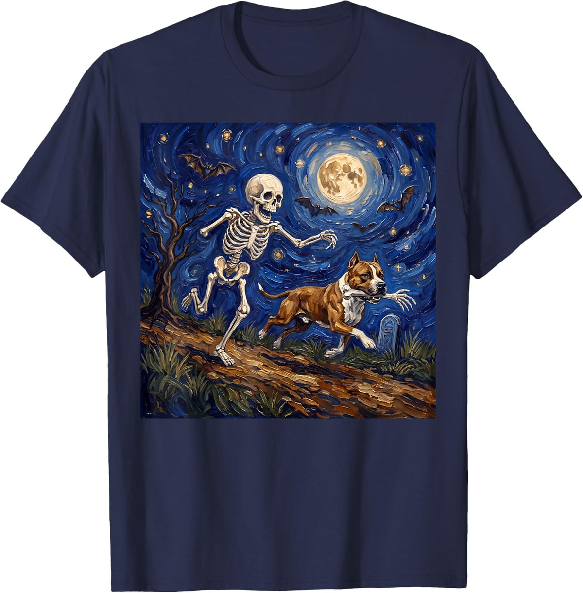Skeleton Chasing Pitbull Dog Funny Halloween Starry Night T-Shirt - Navy Blue