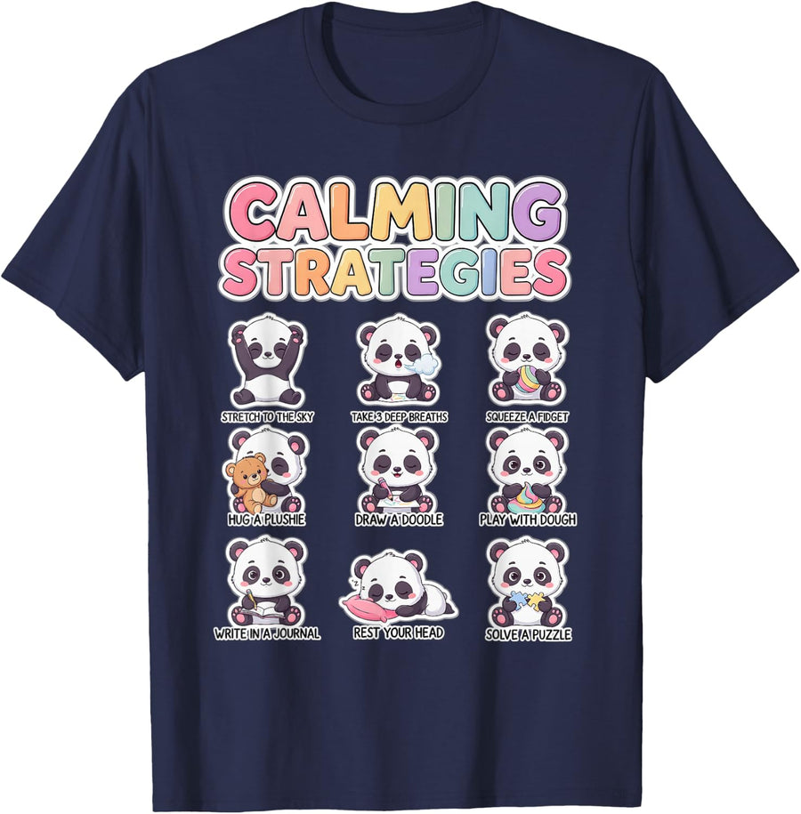 Calming Strategies Cute Pandas School Counselor Teacher T-Shirt - Navy Blue