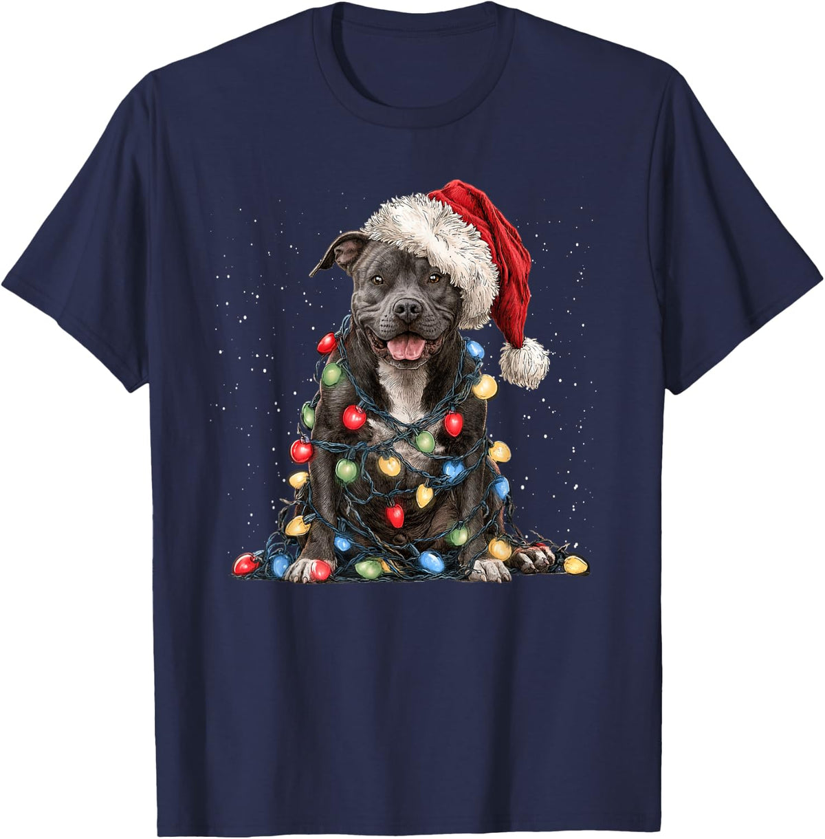 Funny Pitbull Dog Tree Christmas Lights Xmas Men Women T-Shirt - Navy Blue