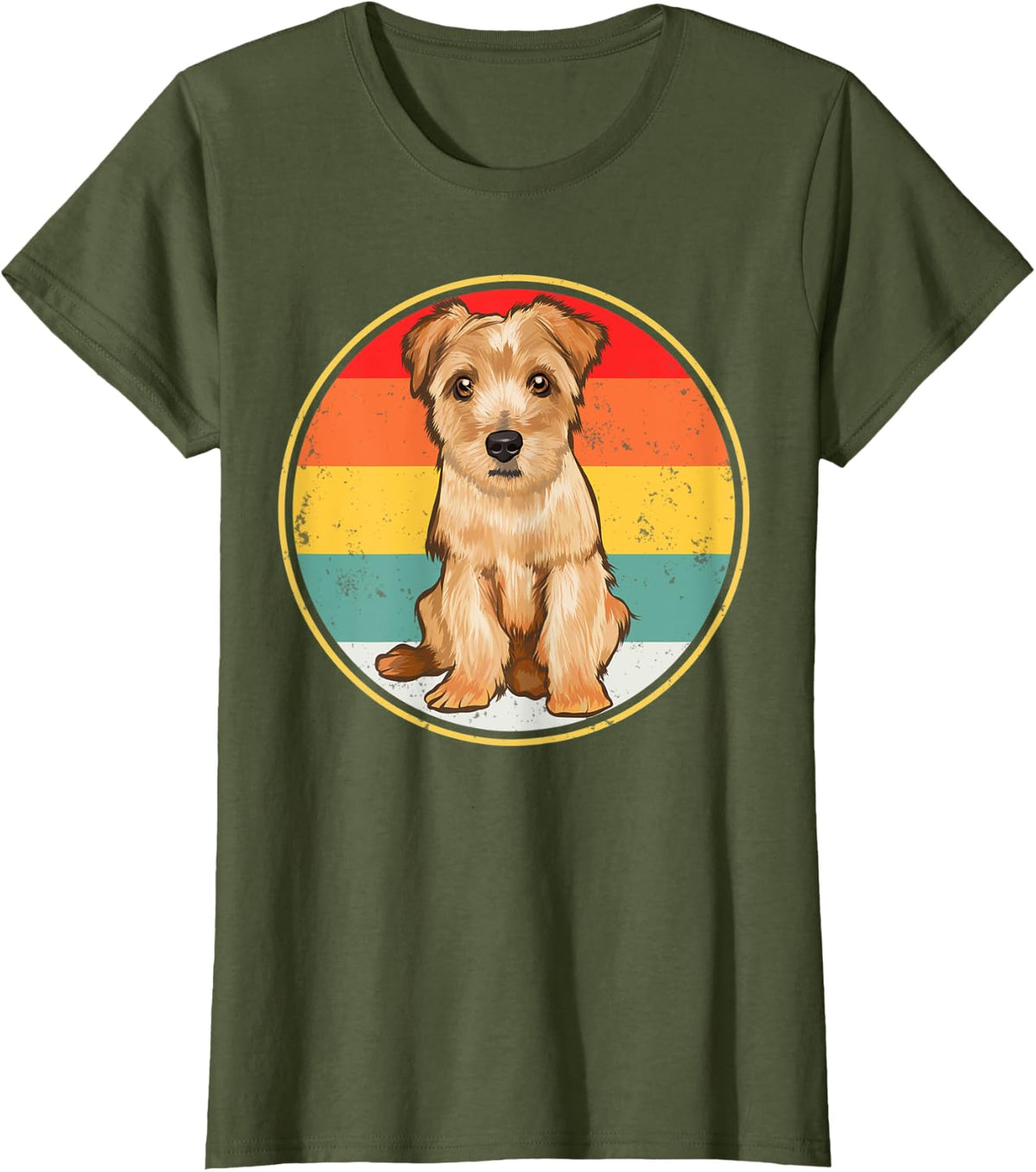 Vintage Retro Sunset Norfolk Terrier Dog Men Women T-Shirt - Olive Green