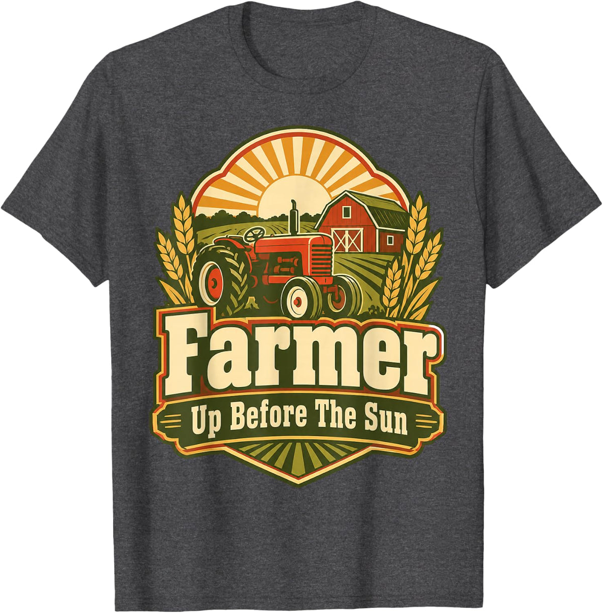 Farmer Up Before The Sun Tractor Barn Badge T-Shirt - Dark Heather Grey