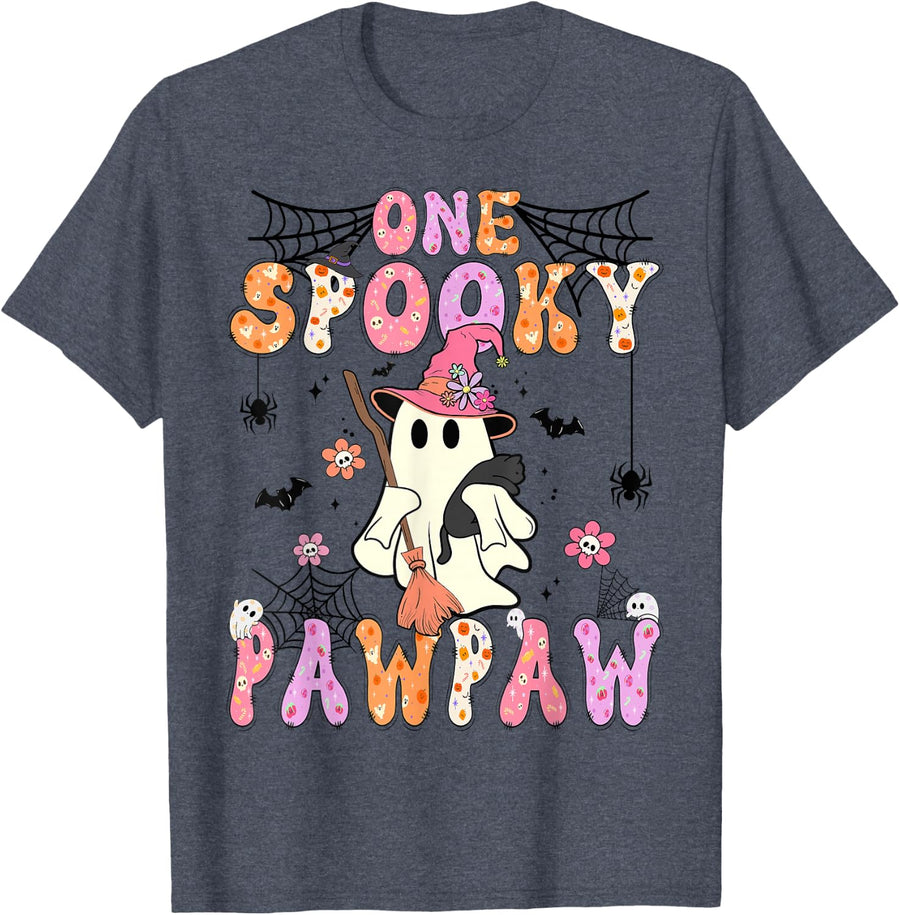 Groovy One Spooky Pawpaw Retro Halloween Cute Ghost T-Shirt - Heather Blue