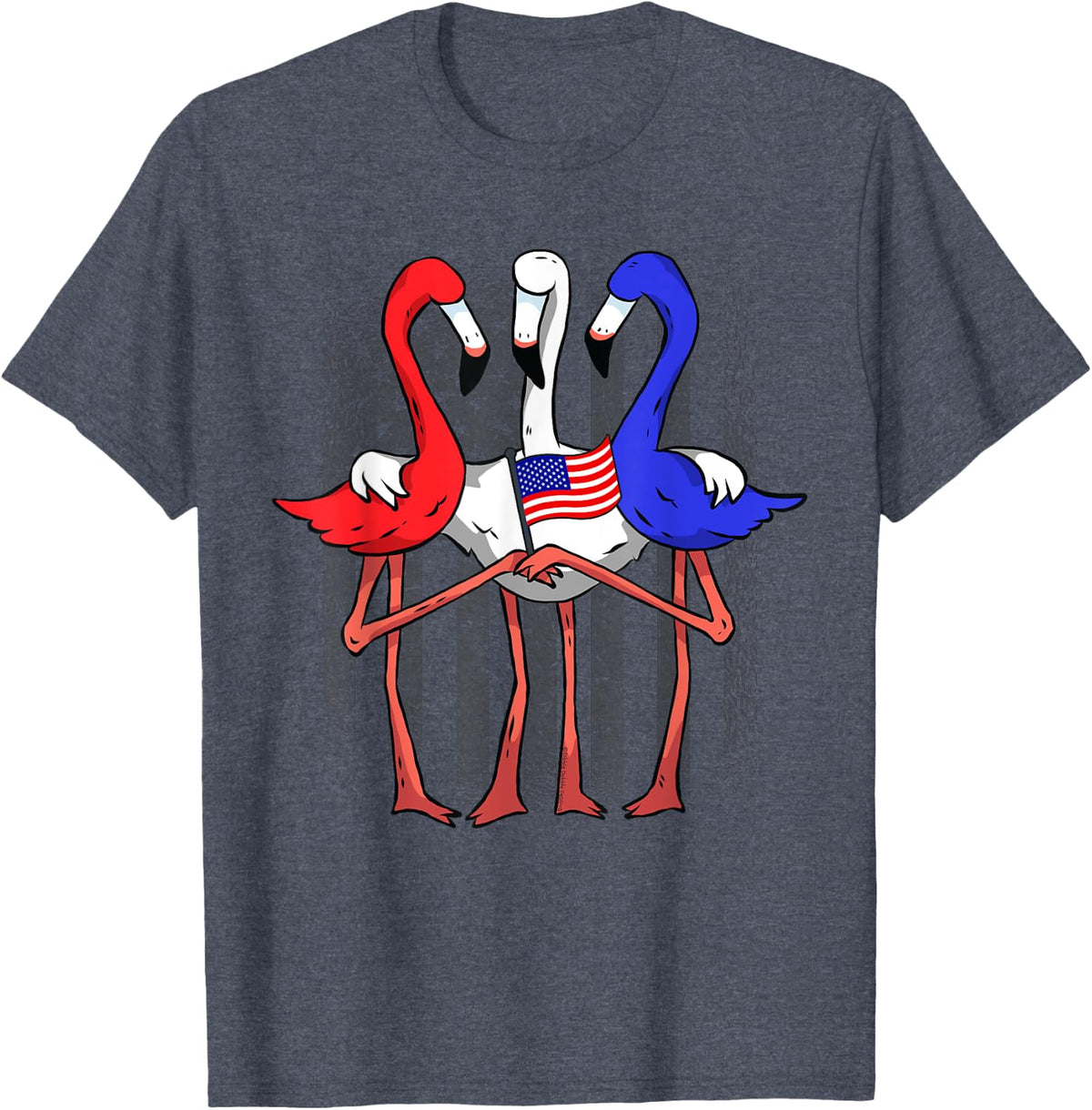 Patriotic Red White and Blue Flamingos USA Flag 4th of July T-Shirt - Heather Blue