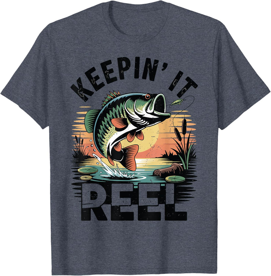 Kids Largemouth Bass Fishing-Shirt Keeping It Reel Boy Youth T-Shirt - Heather Blue