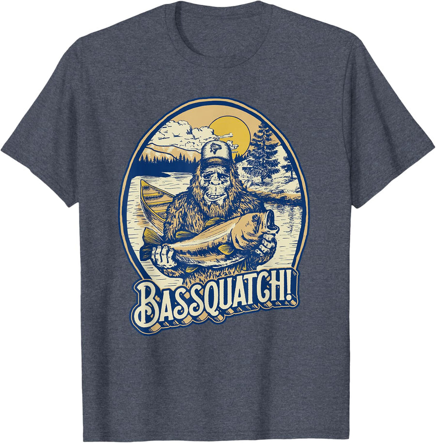 Giant Step Design Co. Bassquatch! Bass Fisherman Sasquatch Funny Bigfoot Fishing T-Shirt - Heather Blue