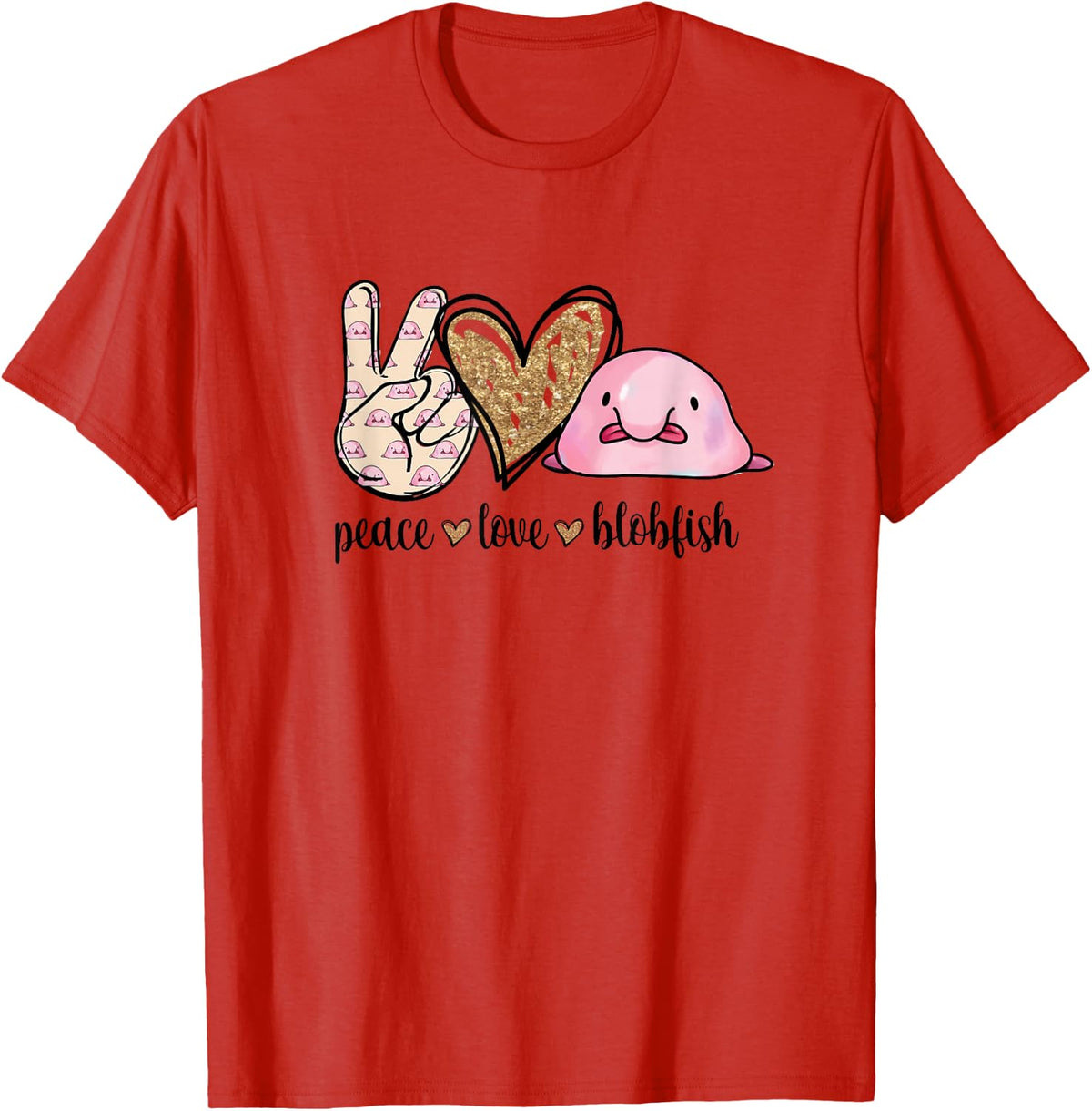 Womens Girls Kids Peace Love Meme Blobfish Lover T-Shirt - Red