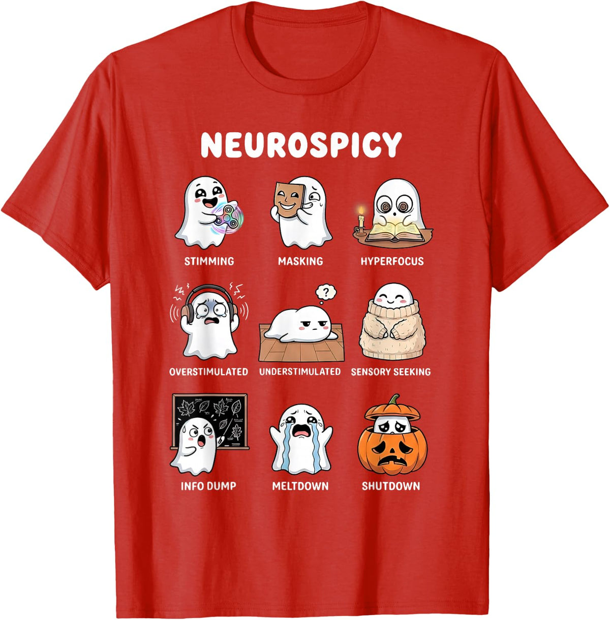 Neurospicy Ghost Awareness Language Autism ADHD Halloween T-Shirt - Red