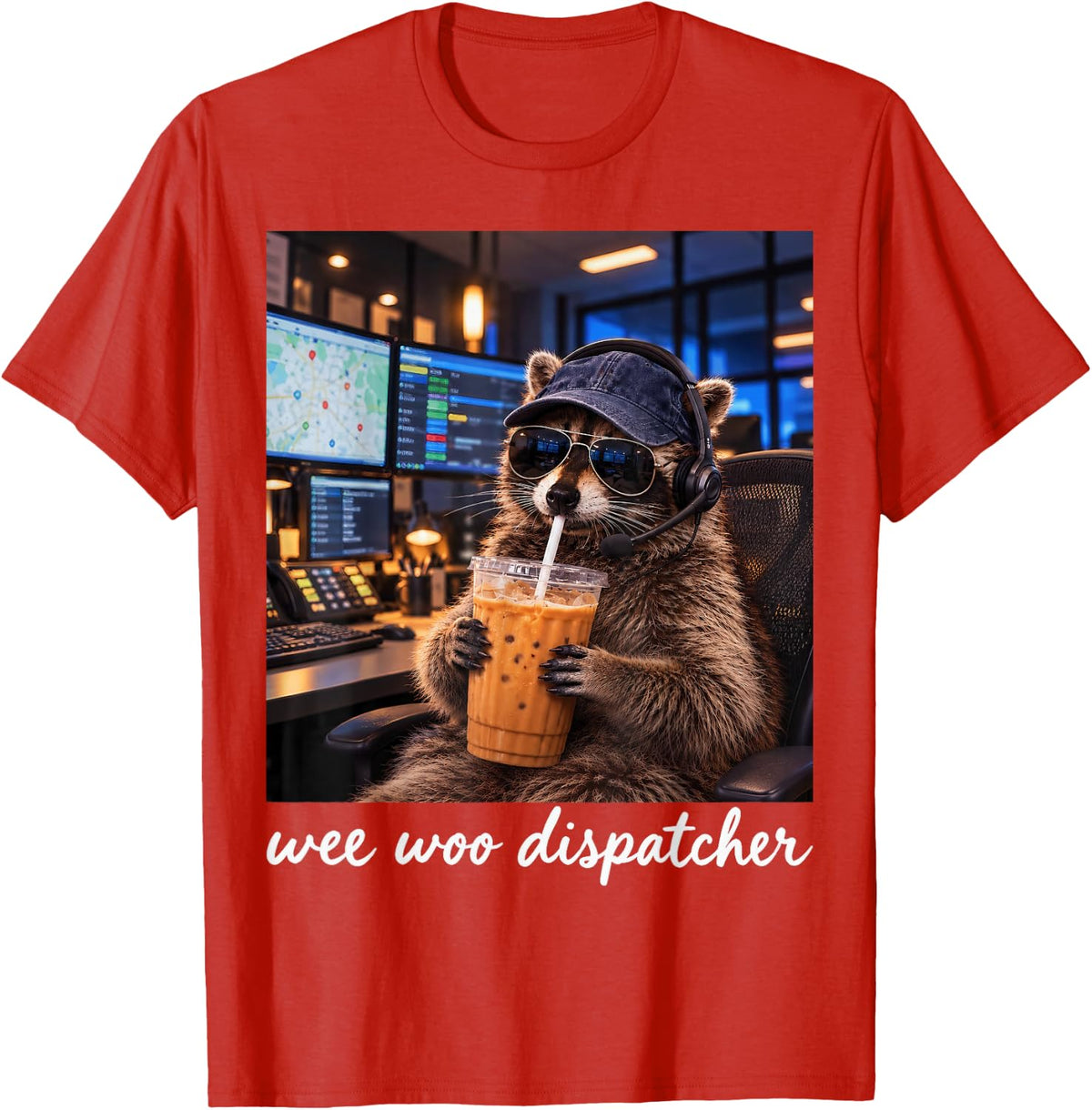 Wee Woo Dispatcher Funny Raccoon 911 Dispatcher Iced Coffee T-Shirt - Red