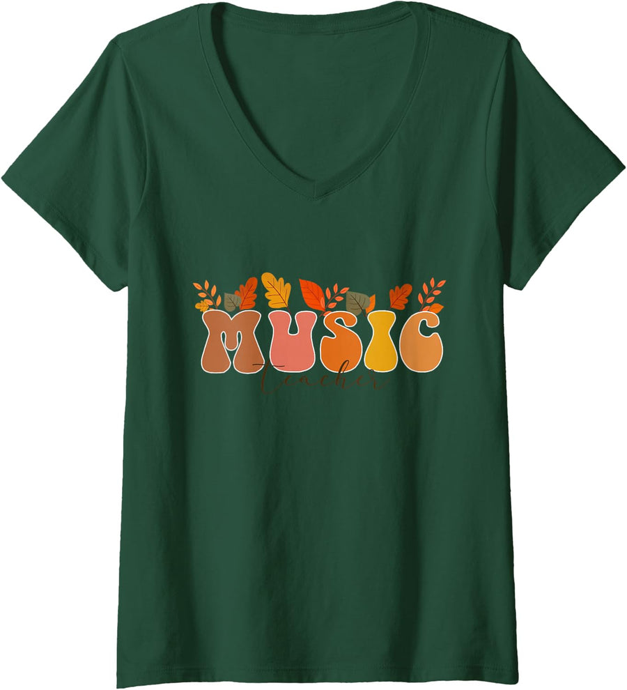 Women's Groovy Retro Music Teacher Vintage Fall Leaves Autumn Season V-Neck T-Shirt - Dark Green