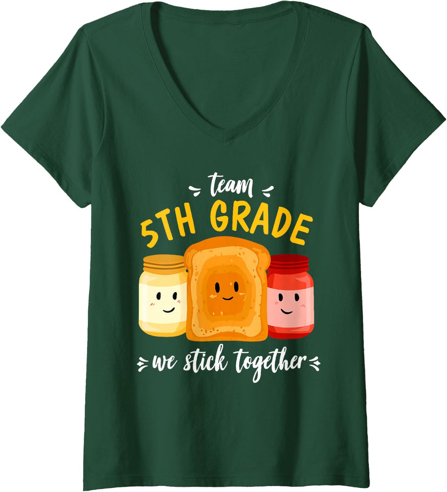 Women's Team 5th Grade We Stick Together Bread Jam V-Neck T-Shirt - Dark Green