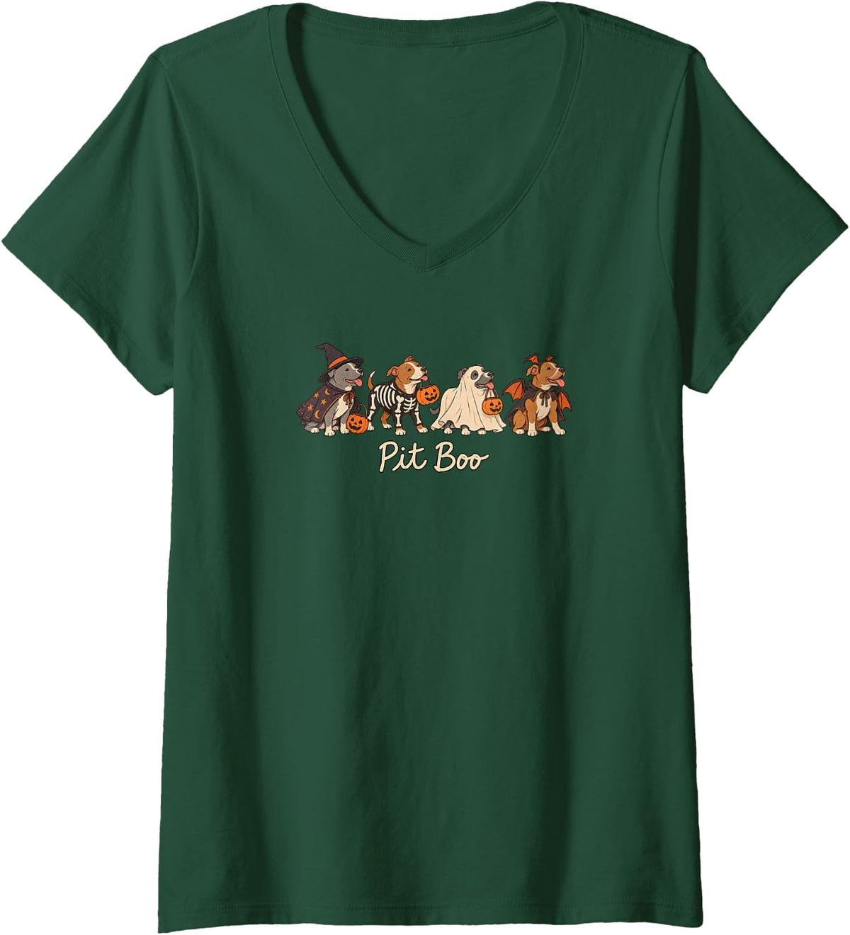 Women's Halloween Pitbull Ghost Spooky Dog Lover Pumpkin Pit Boo V-Neck T-Shirt - Dark Green