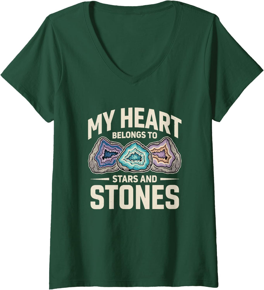 Women's My Heart Belongs to Stars and Stones - Geologist Geode V-Neck T-Shirt - Dark Green