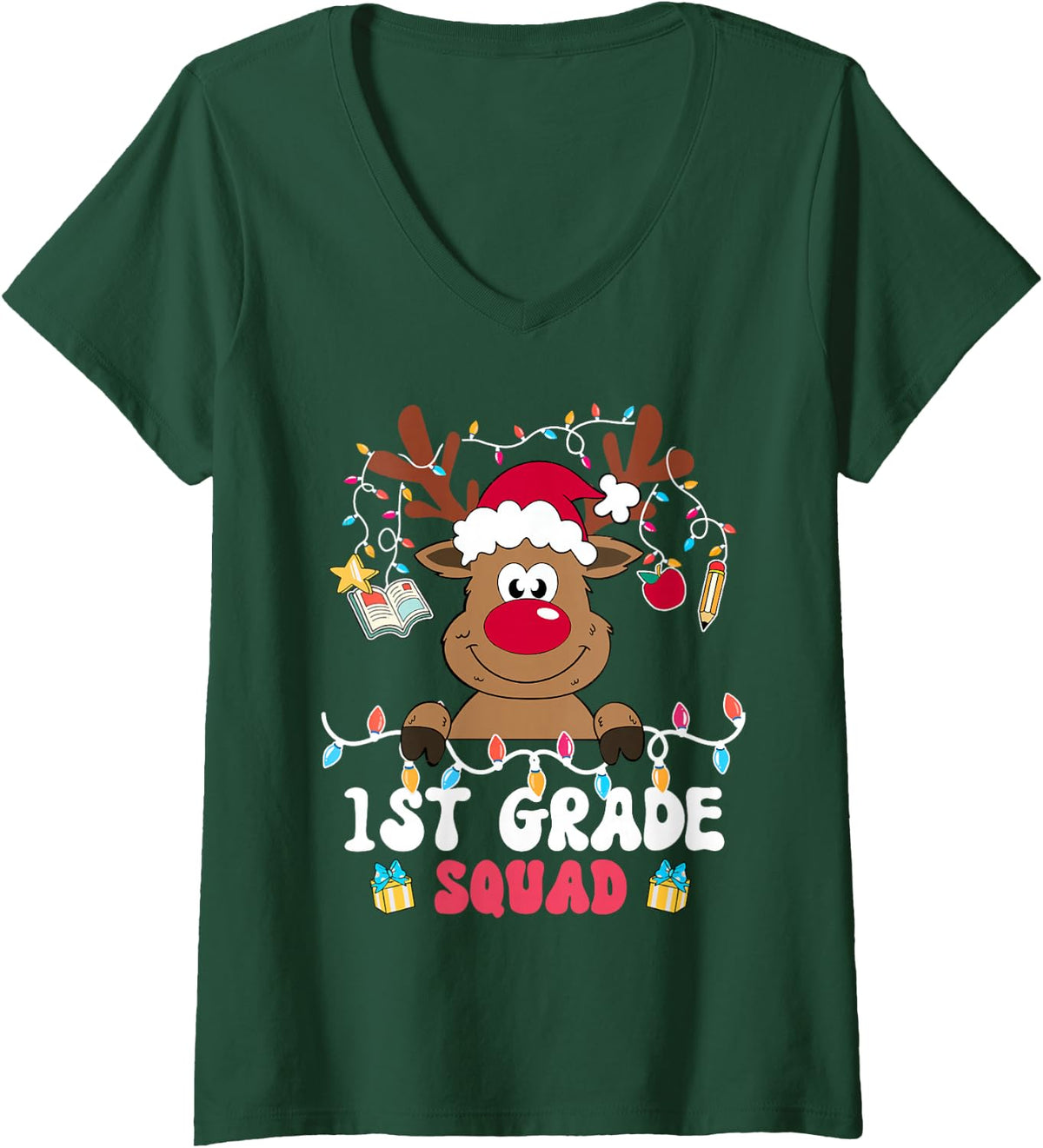 Women's 1st Grade Squad Reindeer Christmas First Grade Teacher Xmas V-Neck T-Shirt - Dark Green