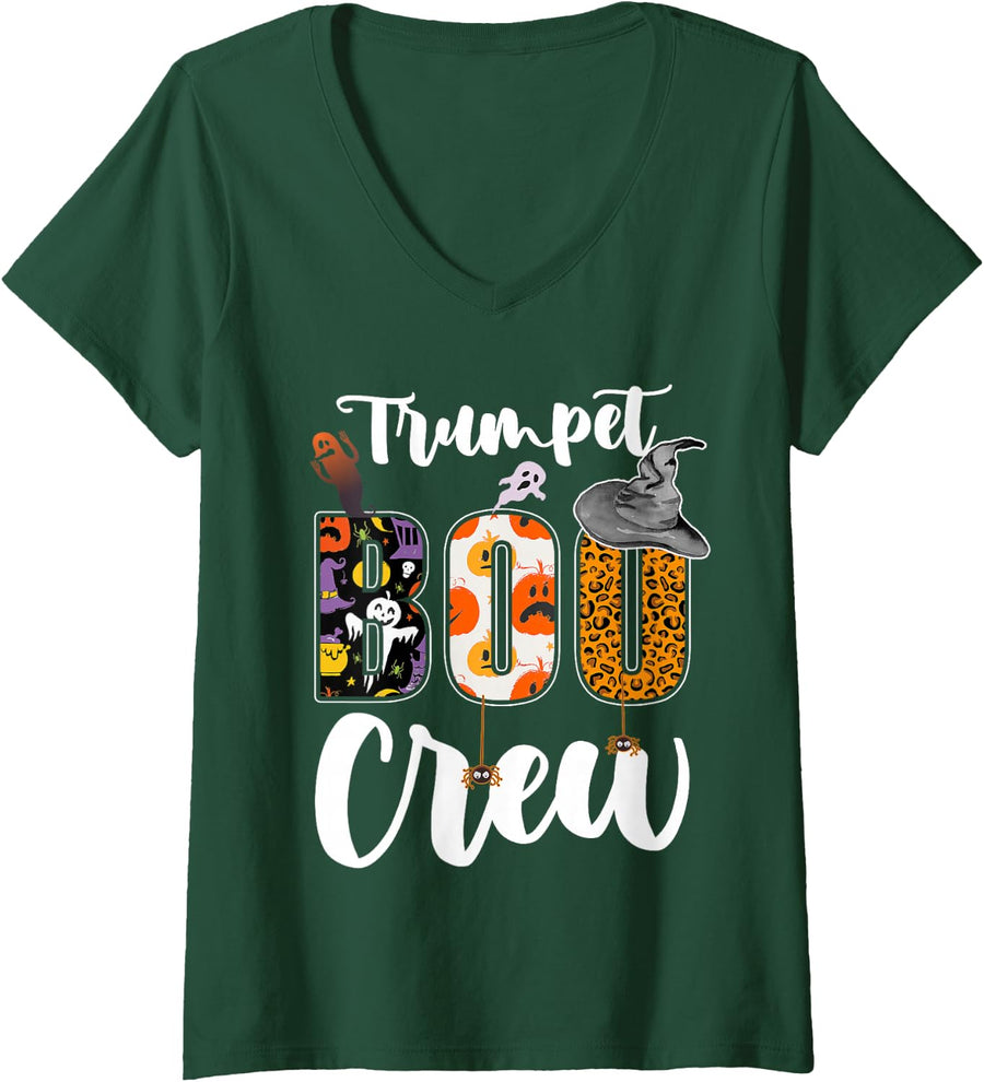 Women's Trumpet Boo Crew Halloween Costume Matching V-Neck T-Shirt - Dark Green
