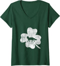 Women's Funny Fox Shamrock Silhouette St Patricks Day Irish V-Neck T-Shirt - Dark Green