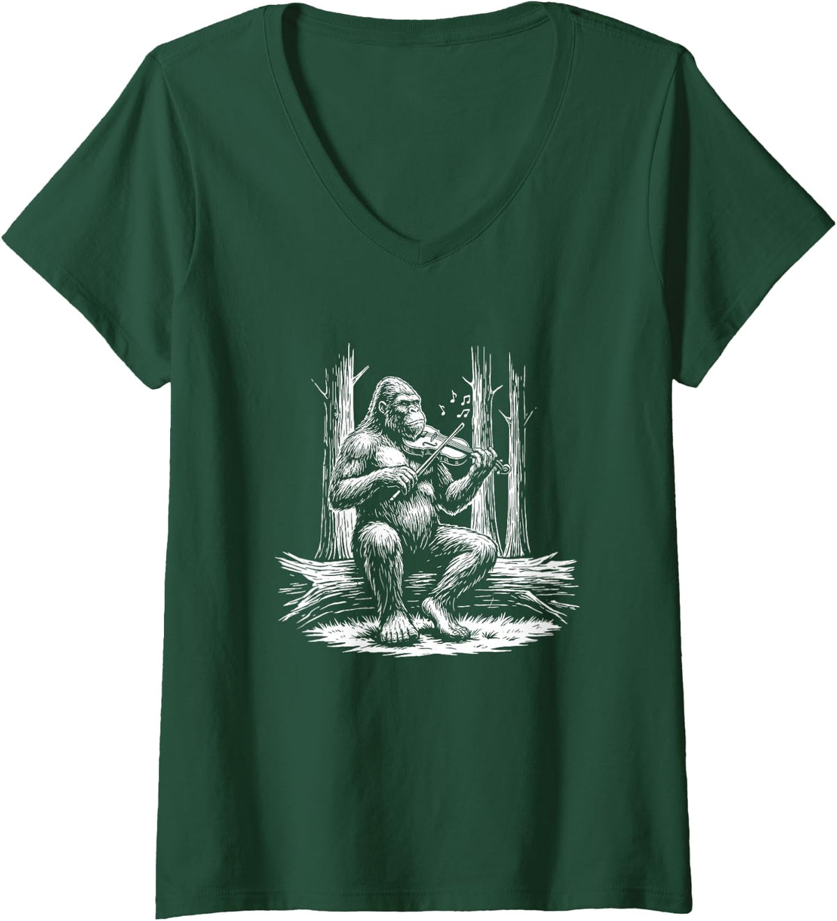 Women's Bigfoot Fiddler Sasquatch Violin Player Fiddle Music V-Neck T-Shirt - Dark Green