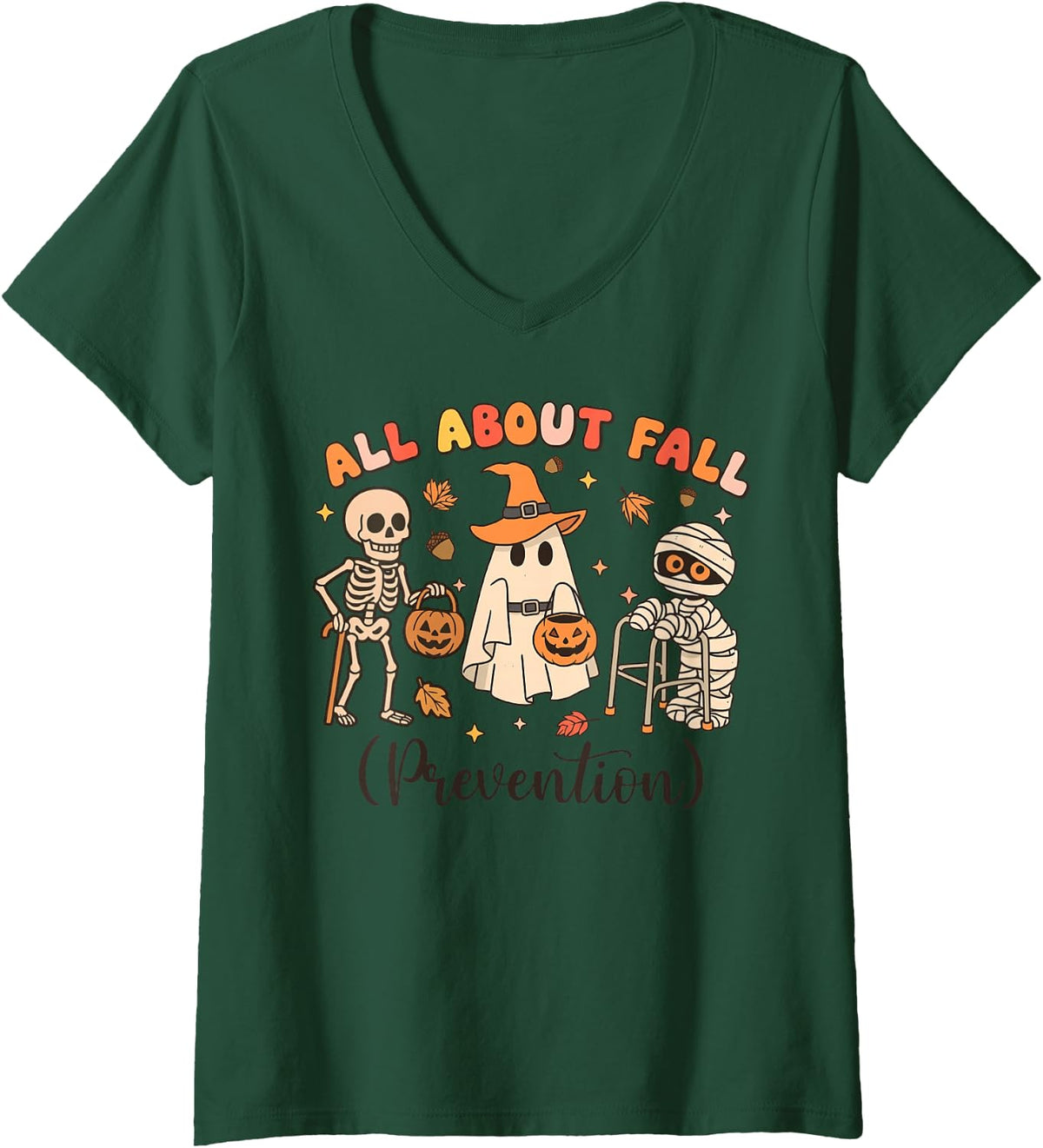 Women's Halloween Physical Therapist All About Fall Prevention V-Neck T-Shirt - Dark Green