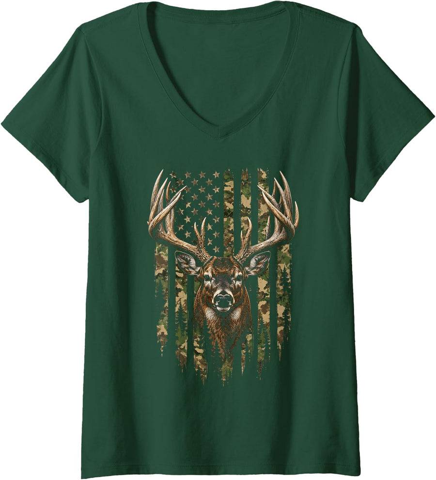 Women's American USA Flag Camouflage Outdoor Deer Men Women Kids V-Neck T-Shirt - Dark Green