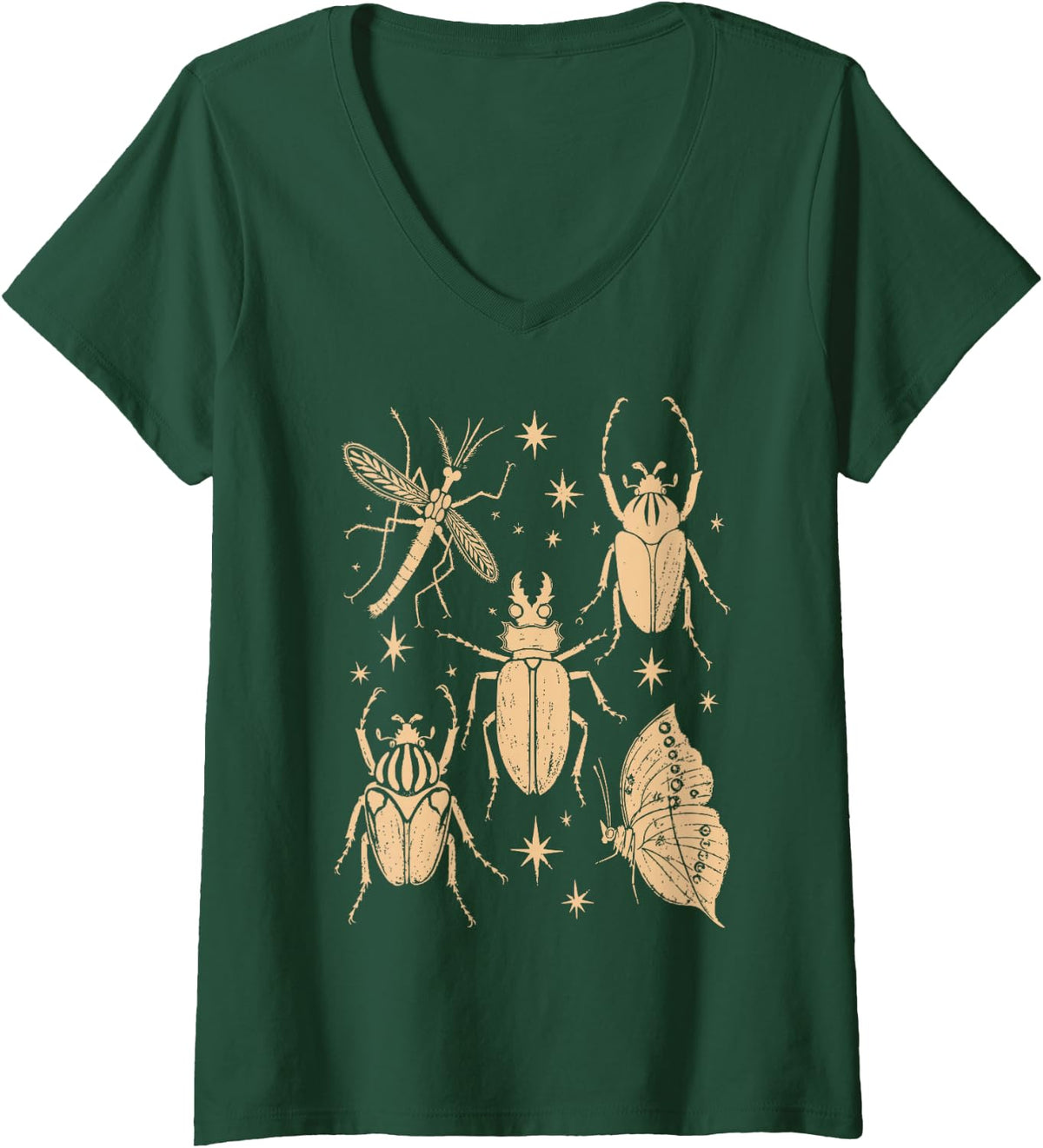 Women's Insects Stars Butterfly Dragonfly Forest Nature V-Neck T-Shirt - Dark Green