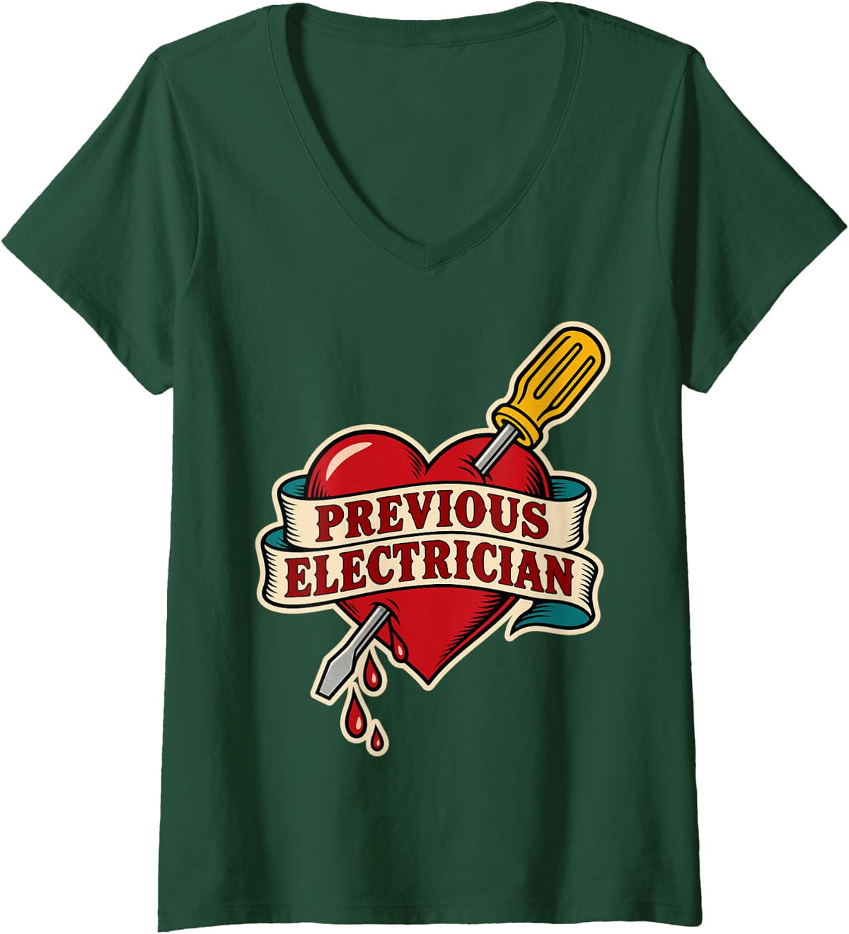 Women's Previous Electrician Funny Electrician Old School Tattoo V-Neck T-Shirt - Dark Green