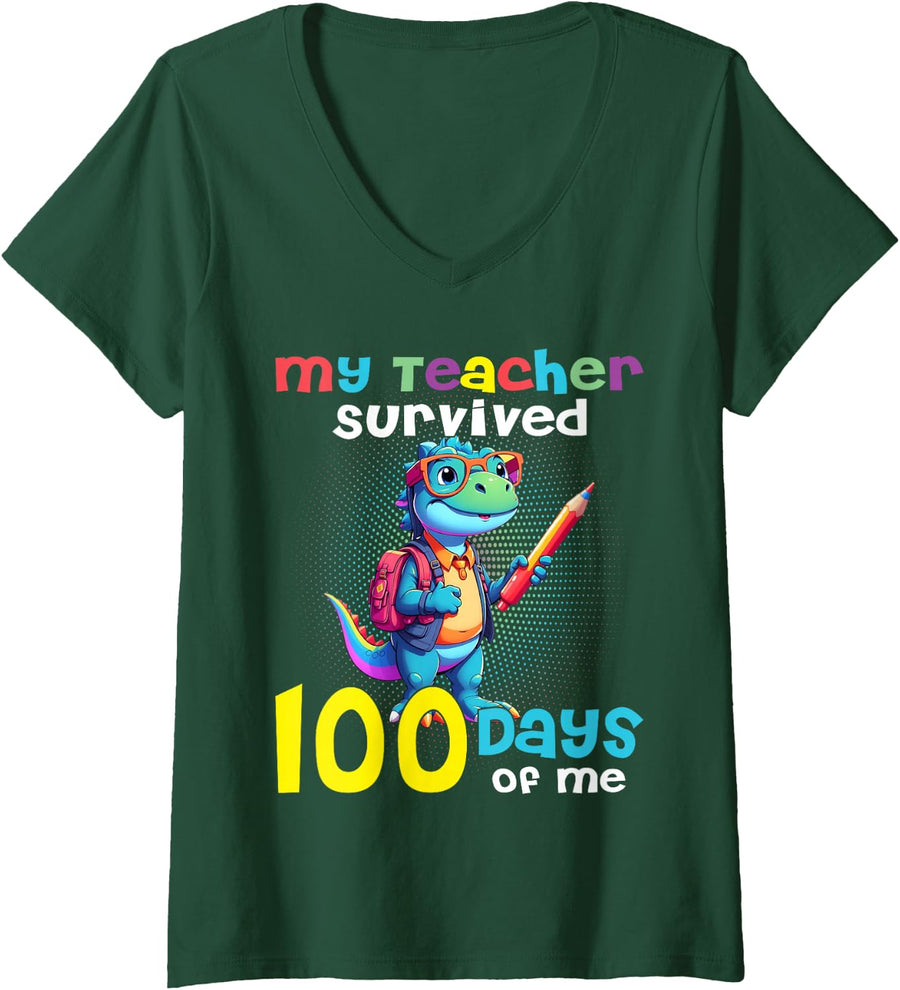 Women's My Teacher Survived 100 Days of Me Dinosaur for Students Kid V-Neck T-Shirt - Dark Green