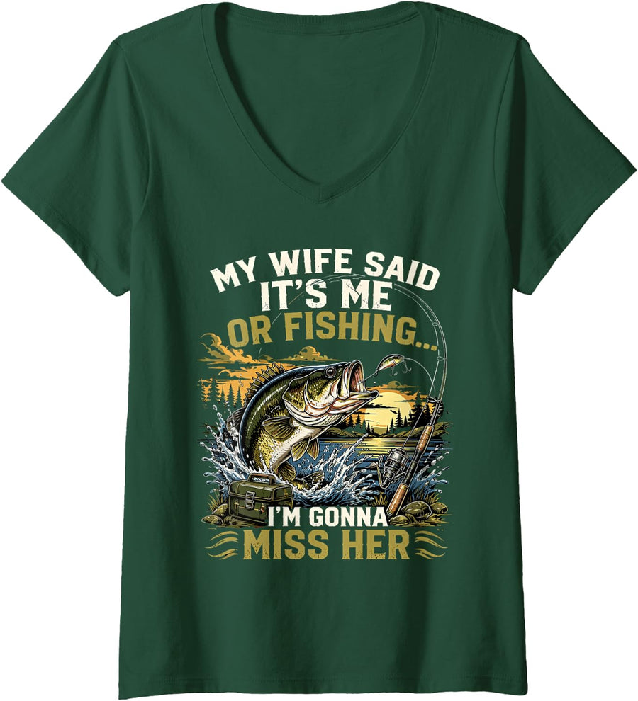 Women's Funny Bass Fishing V-Neck T-Shirt - Dark Green