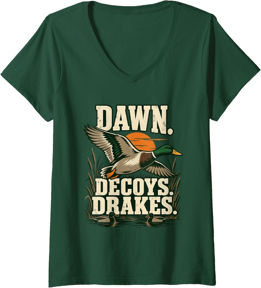 Women's Duck Hunter Dawn Decoys Drakes Waterfowl Season V-Neck T-Shirt - Dark Green