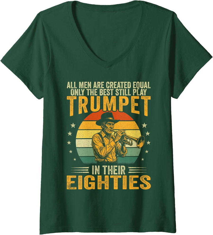 Women's The Best Men Play Trumpet in Their 80s Funny Trumpet Player V-Neck T-Shirt - Dark Green