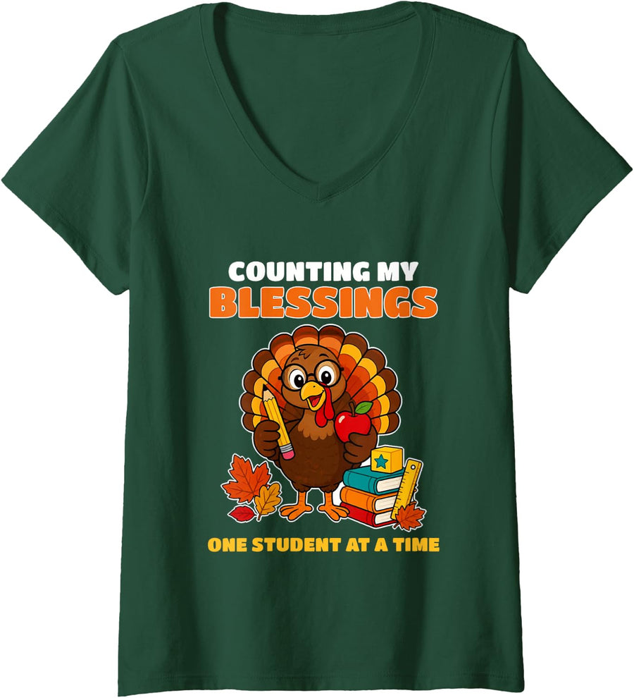 Women's Thankful Teacher Thanksgiving Shirt Math SPED Gifts V-Neck T-Shirt - Dark Green