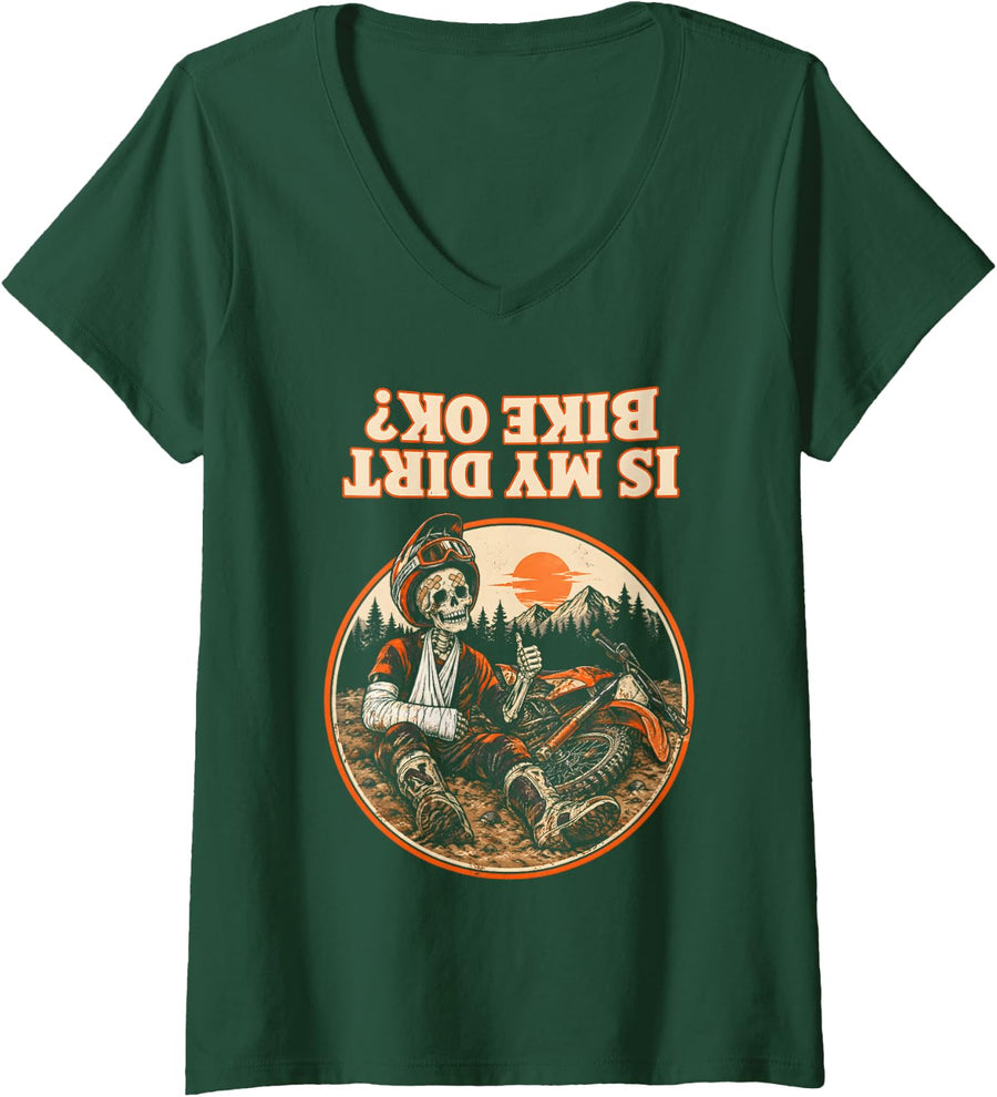 Women's is My Dirt Bike OK Motocross Funny Crash Rider V-Neck T-Shirt - Dark Green
