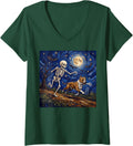 Women's Skeleton Chasing Pitbull Dog Funny Halloween Starry Night V-Neck T-Shirt - Dark Green