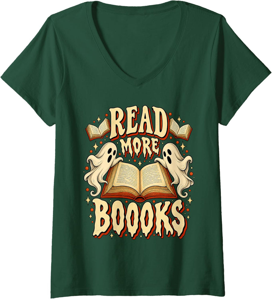 Women's Halloween Librarian Ghost Read More Books Teacher Library V-Neck T-Shirt - Dark Green