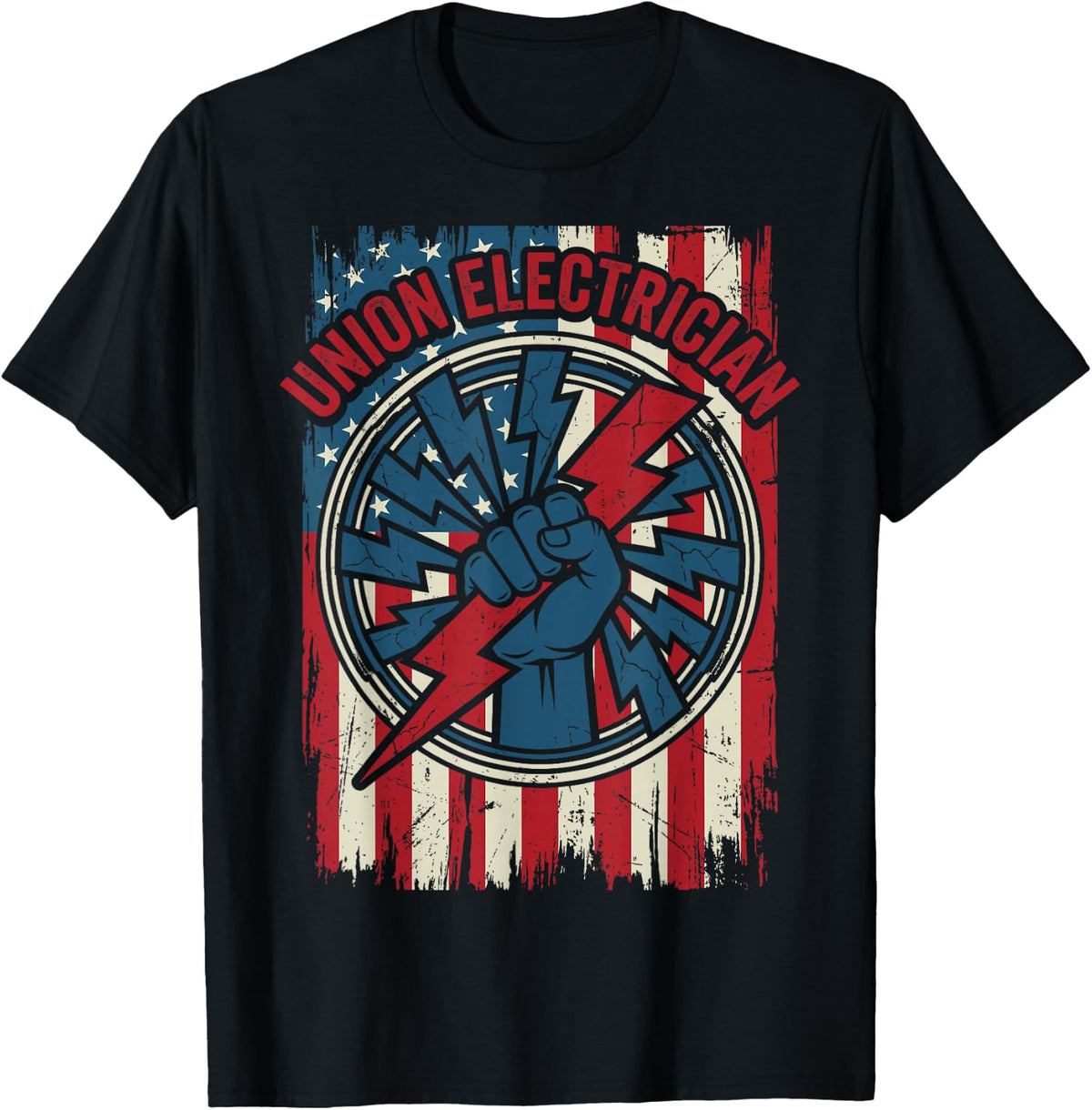 Union Electrician American Flag Electrical Worker Lineman T-Shirt - Black