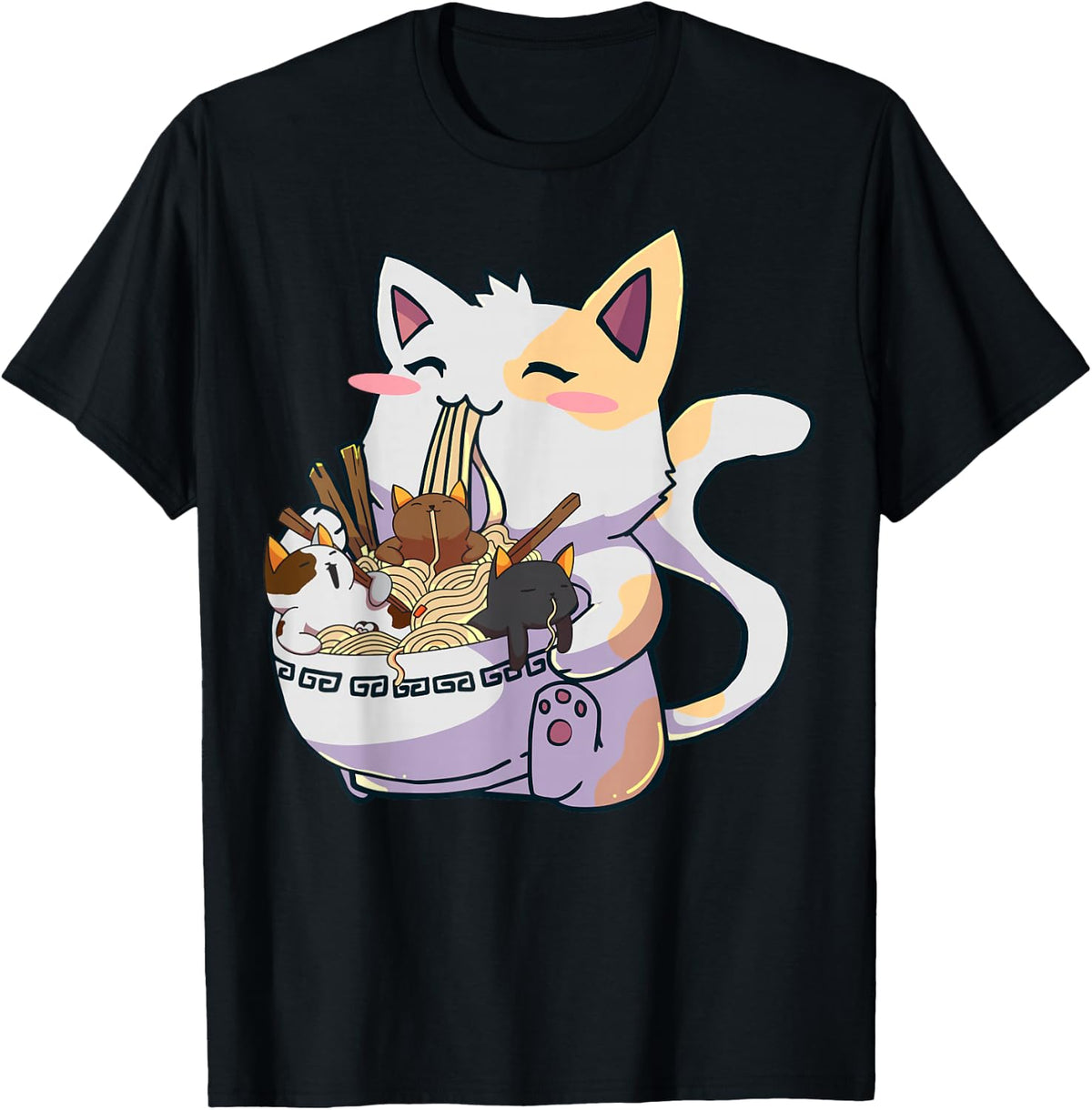 Kawaii Neko Cat Ramen Bowl Anime Japanese Noodles Tees T Shirts - Black