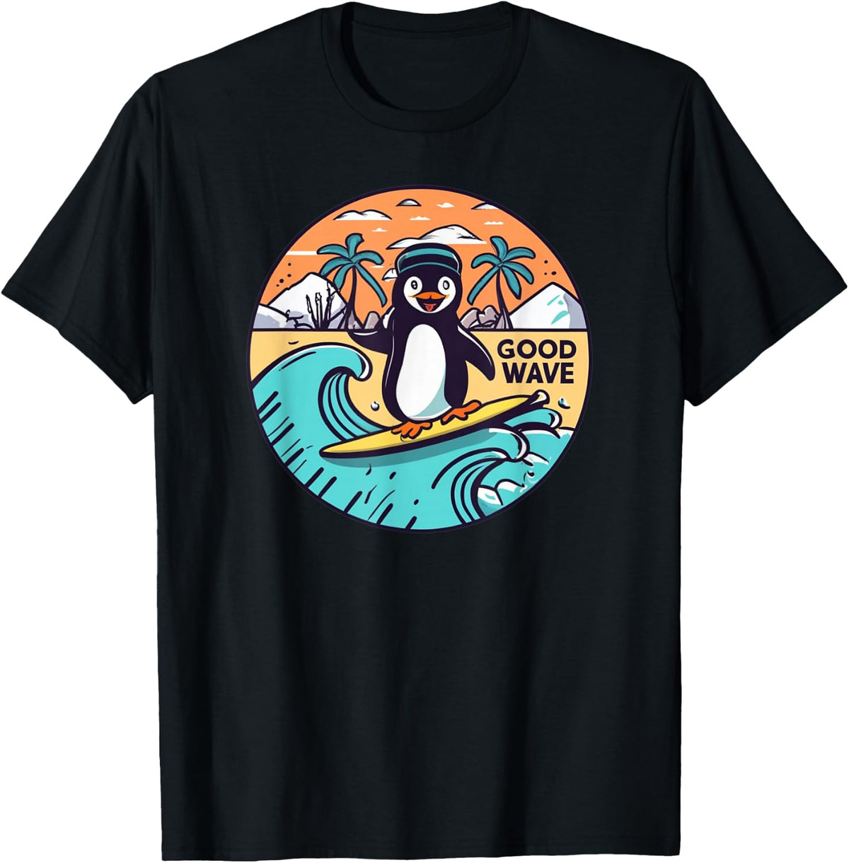 Retro Penguins Summer Sunset Beach Penguin Surfing T-Shirt - Black