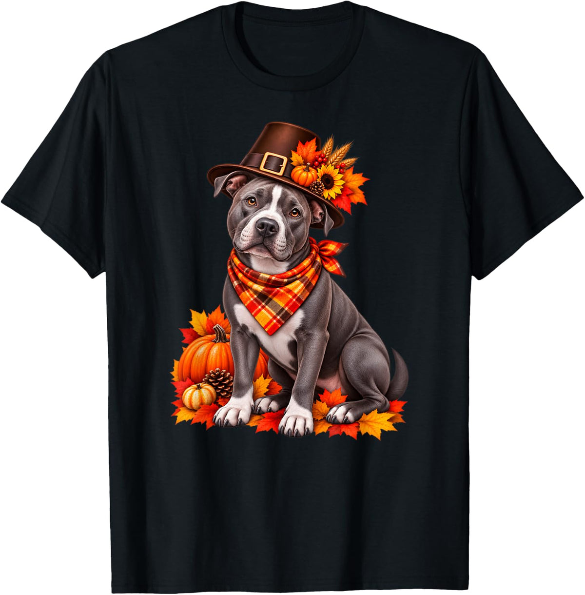 Thanksgiving Pitbull Fall Dog T-Shirt - Black