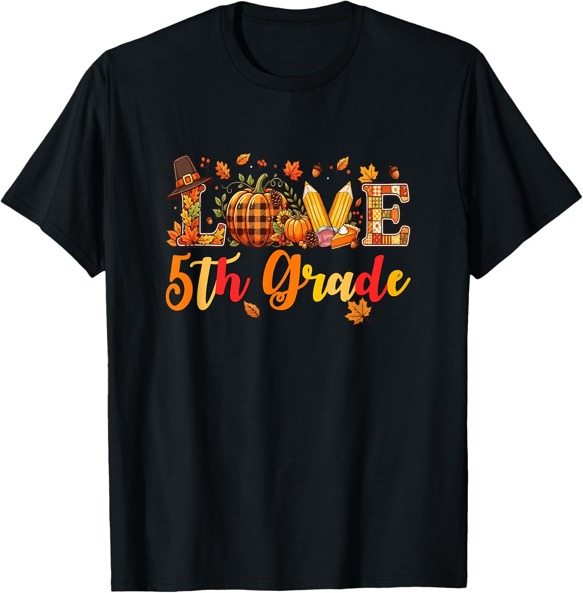 Love 5th Grade Thanksgiving Fall Leaves Pumpkins Students T-Shirt - Black