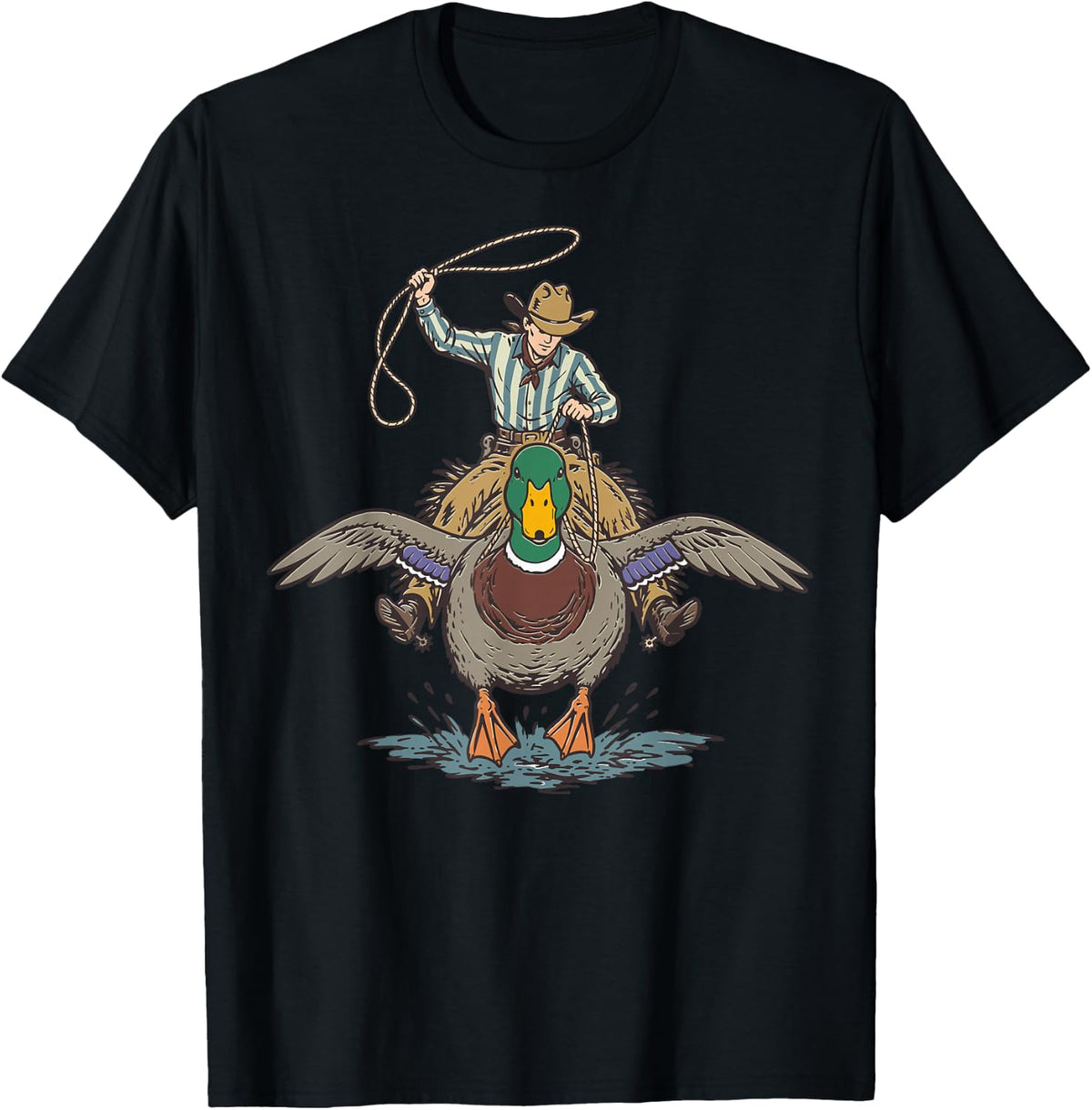 Vintage Cowboy Riding Mallard Duck Funny Rodeo Western Men T-Shirt - Black