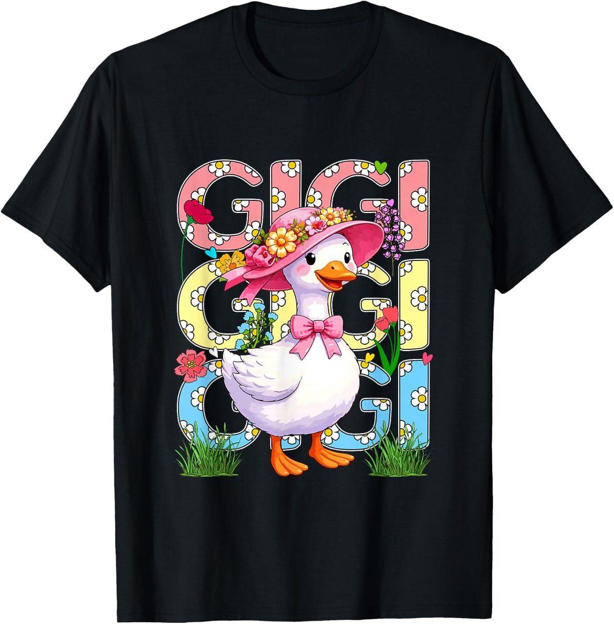 Gigi Colorful Floral Goose Bow Tie Tees T Shirts Mother's Day Farmer Gift - Black