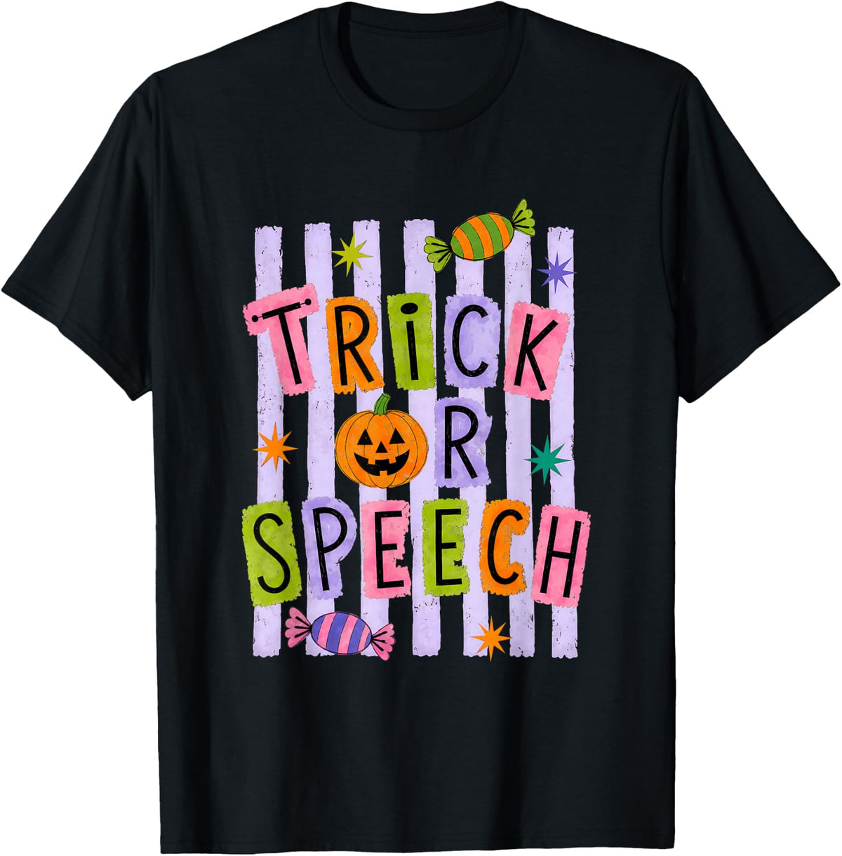 Cute Striped Halloween Trick Or Speech Therapy Teacher SLP T-Shirt - Black