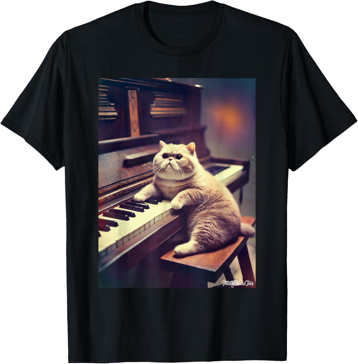 Musical Cat Pianist in Vintage Piano Scene Art T-Shirt - Black