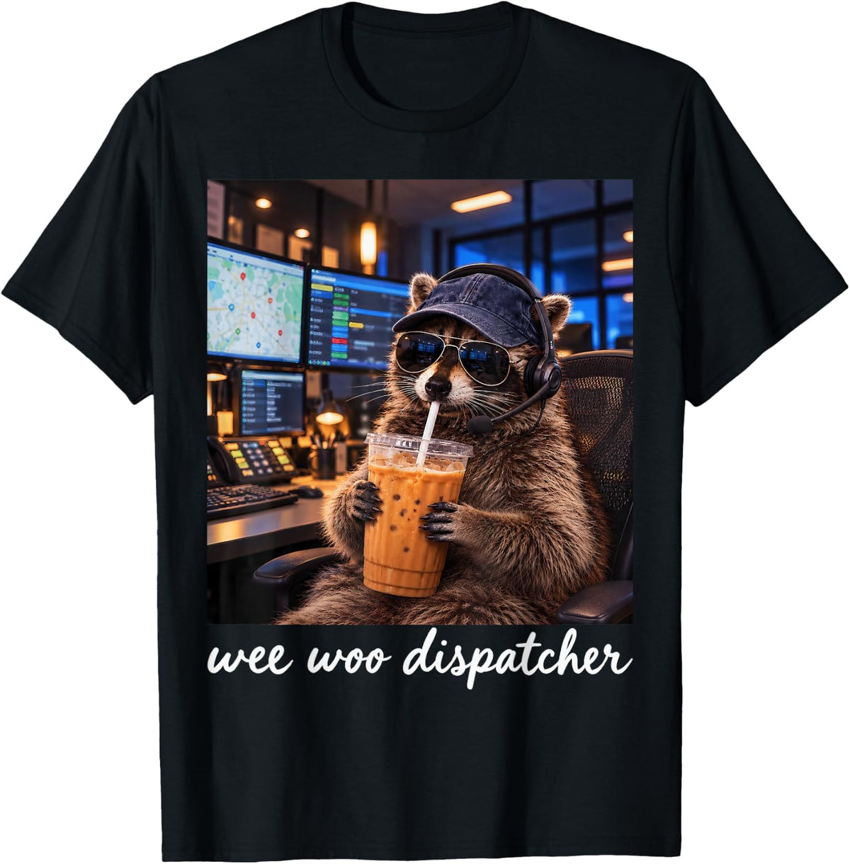 Wee Woo Dispatcher Funny Raccoon 911 Dispatcher Iced Coffee T-Shirt - Black